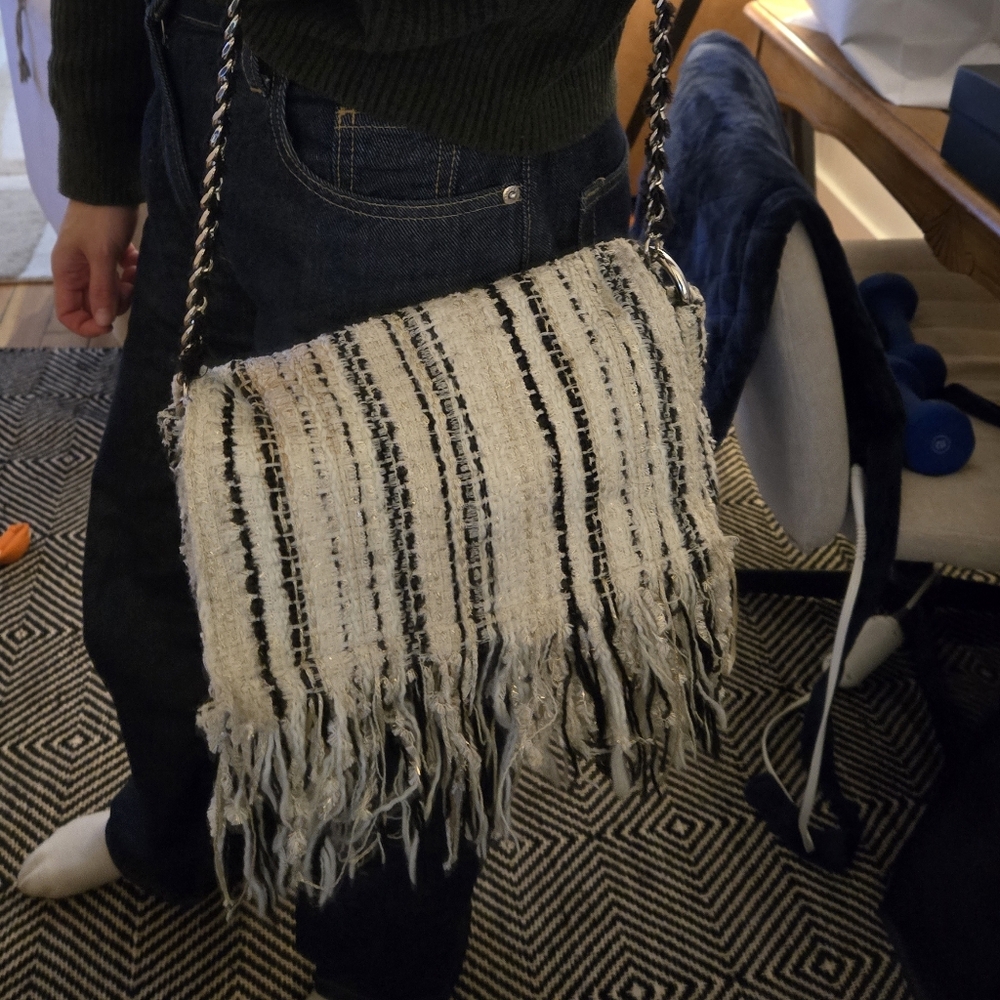 Zara Black and Cream Fringe Crossbody Bag